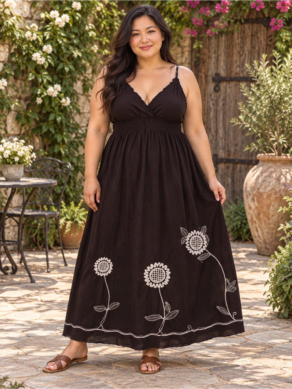 Speed Control New York 3X Brown Embroidered Cotton Boho Maxi Dres